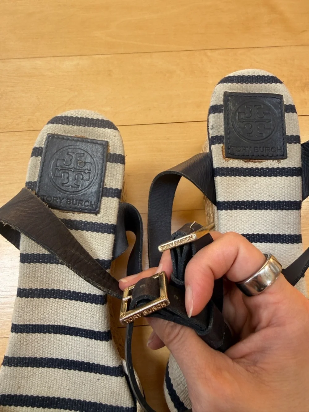 Tory Burch Striped Canvas Karissa Espadrille Wedge Sandal Ankle Strap Size 9